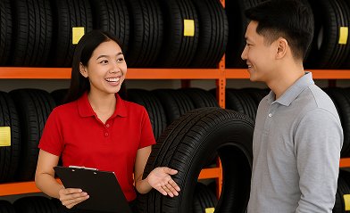 Nữ nhân viên Carmall Tyre tư vấn khách hàng về dịch vụ vá vỏ lưu động