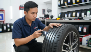 Kỹ thuật viên Cholop.vn thực hiện quy trình kiểm tra lốp xe chuyên nghiệp, đảm bảo an toàn tối đa